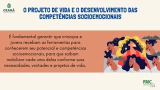 É fundamental garantir que crianças e
jovens recebam as ferramentas para
conhecerem seu potencial e competências
socioemocionais, para que saibam
mobilizar cada uma delas conforme suas
necessidades, vontades e projetos de vida.
O PROJETO DE VIDA E O DESENVOLVIMENTO DAS
COMPETÊNCIAS SOCIOEMOCIONAIS
 