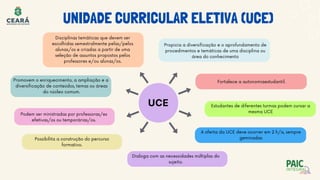 Podem ser ministradas por professoras/es
efetivas/os ou temporárias/os.
Possibilita a construção do percurso
formativo.
Propicia a diversificação e o aprofundamento de
procedimentos e temáticas de uma disciplina ou
área do conhecimento
Dialoga com as necessidades múltiplas do
sujeito.
Fortalece a autonomiaestudantil.
Estudantes de diferentes turmas podem cursar a
mesma UCE
A oferta da UCE deve ocorrer em 2 h/a, sempre
geminadas
UNIDADE CURRICULAR ELETIVA (UCE)
Disciplinas temáticas que devem ser
escolhidas semestralmente pelas/pelos
alunas/os e criadas a partir de uma
seleção de assuntos propostos pelos
professores e/ou alunas/os.
Promovem o enriquecimento, a ampliação e a
diversificação de conteúdos, temas ou áreas
do núcleo comum.
UCE
 