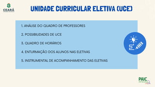 1. ANÁLISE DO QUADRO DE PROFESSORES
2. POSSIBILIDADES DE UCE
3. QUADRO DE HORÁRIOS
4. ENTURMAÇÃO DOS ALUNOS NAS ELETIVAS
5. INSTRUMENTAL DE ACOMPANHAMENTO DAS ELETIVAS
UNIDADE CURRICULAR ELETIVA (UCE)
 