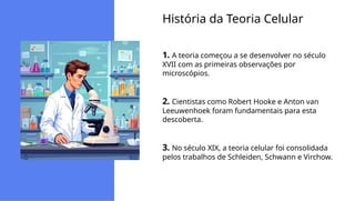História da Teoria Celular
1. A teoria começou a se desenvolver no século
XVII com as primeiras observações por
microscópios.
2. Cientistas como Robert Hooke e Anton van
Leeuwenhoek foram fundamentais para esta
descoberta.
3. No século XIX, a teoria celular foi consolidada
pelos trabalhos de Schleiden, Schwann e Virchow.
 