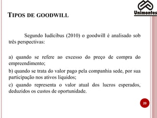 TIPOS DE GOODWILL
20
Segundo Iudícibus (2010) o goodwill é analisado sob
três perspectivas:
a) quando se refere ao excesso do preço de compra do
empreendimento;
b) quando se trata do valor pago pela companhia sede, por sua
participação nos ativos líquidos;
c) quando representa o valor atual dos lucros esperados,
deduzidos os custos de oportunidade.
 