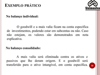 EXEMPLO PRÁTICO
32
No balanço individual:
O goodwill e a mais valia ficam na conta específica
de investimentos, podendo estar em subcontas ou não. Caso
não estejam, os valores são demonstrados em nota
explicativa.
No balanço consolidado:
A mais valia será eliminada contra os ativos e
passivos que lhe deram origem. E o goodwill será
transferido para o ativo intangível, em conta específica.
 