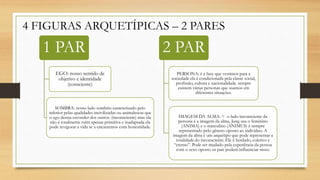 4 FIGURAS ARQUETÍPICAS – 2 PARES
1 PAR
EGO: nosso sentido de
objetivo e identidade
(consciente)
SOMBRA: nosso lado sombrio caracterizado pelo
inferior pelas qualidades incivilizadas ou animalescas que
o ego deseja esconder dos outros. (inconsciente) mas ela
não é totalmente ruim apenas primitiva e inadaptada ela
pode revigorar a vida se a encararmos com honestidade.
2 PAR
PERSONA: é a face que vestimos para a
sociedade ela é condicionada pela classe social,
profissão, cultura e nacionalidade. sempre
existem várias personas que usamos em
diferentes situações.
IMAGEM DA ALMA: = o lado inconsciente da
persona é a imagem da alma, Jung usa o feminino
(ANIMA) e o masculino (ANIMUS) é sempre
representado pelo gênero oposto ao indivíduo. A
imagem da alma é um arquétipo que pode representar a
totalidade do inconsciente. Ele é herdado, coletivo e
“eterno”. Pode ser mudado pela experiência da pessoa
com o sexo oposto os pais podem influenciar nisso.
 