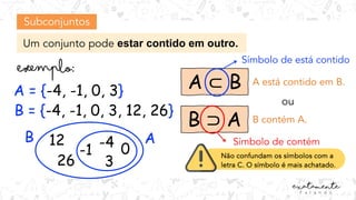 Subconjuntos
Um conjunto pode estar contido em outro.
A = {-4, -1, 0, 3}
B = {-4, -1, 0, 3, 12, 26}
A ⊂ B
B ⊃ A
A está contido em B.
B contém A.
ou
Símbolo de contém
Símbolo de está contido
Não confundam os símbolos com a
letra C. O símbolo é mais achatado.
B A
-4
-1 0
3
12
26
 