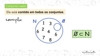 Conjunto vazio
Ele está contido em todos os conjuntos.
N
4
3
0
1
2
6
7
8
6 0 ⊂ N
 