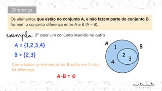 Diferença
Os elementos que estão no conjunto A, e não fazem parte do conjunto B,
formam o conjunto diferença entre A e B (A – B).
A = {1,2,3,4}
B = {2,3}
A-B = ∅
2º caso: um conjunto inserido no outro
A
B
4
1
2
3
Como todos os elementos de B estão em A não
há diferença.
 