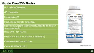 53
IA: Lambda-Cialotrina;
GQ: Piretroide;
Formulação: CS;
Inseticida de contato e ingestão;
Bicudo e curuquerê, lagarta rosada, lagarta da maça e
percevejo rajado;
Dose: 300 – 350 mL/ha;
Intervalo: 7 dias e no máximo 3 aplicações;
Calda terrestre: 250-300 L/ha;
Custo: R$ 2370,00 (20 L).
Karate Zeon 250- Nortox
Imagem: AgroWap, 2017.
 