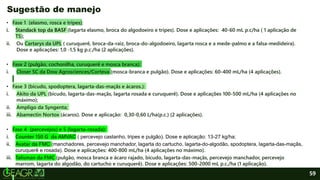 59
• Fase 1 (elasmo, rosca e tripes):
i. Standack top da BASF (lagarta elasmo, broca do algodoeiro e tripes). Dose e aplicações: 40-60 mL p.c/ha ( 1 aplicação de
TS);
ii. Ou Cartarys da UPL ( curuquerê, broca-da-raiz, broca-do-algodoeiro, lagarta rosca e a mede-palmo e a falsa-medideira).
Dose e aplicações: 1,0 -1,5 kg p.c./ha (2 aplicações).
• Fase 2 (pulgão, cochonilha, curuquerê e mosca branca):
i. Closer SC da Dow Agrosciences/Corteva (mosca-branca e pulgão). Dose e aplicações: 60-400 mL/ha (4 aplicações).
• Fase 3 (bicudo, spodoptera, lagarta-das-maçãs e ácaros.):
i. Akito da UPL (bicudo, lagarta-das-maçãs, lagarta rosada e curuquerê). Dose e aplicações 100-500 mL/ha (4 aplicações no
máximo);
ii. Ampligo da Syngenta;
iii. Abamectin Nortox (ácaros). Dose e aplicação: 0,30-0,60 L/ha(p.c.) (2 aplicações).
• Fase 4 (percevejos) e 5 (lagarta-rosada):
i. Counter 150 G da AMVAC ( percevejo castanho, tripes e pulgão). Dose e aplicação: 13-27 kg/ha;
ii. Avatar da FMC (manchadores, percevejo manchador, lagarta do cartucho, lagarta-do-algodão, spodoptera, lagarta-das-maçãs,
curuquerê e rosada). Dose e aplicações: 400-800 mL/ha (4 aplicações no máximo).
iii. Talisman da FMC (pulgão, mosca branca e ácaro rajado, bicudo, lagarta-das-maçãs, percevejo manchador, percevejo
marrom, lagarta do algodão, do cartucho e curuquerê). Dose e aplicações: 500-2000 mL p.c./ha (1 aplicação).
Sugestão de manejo
 