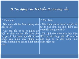 II.Tác động của IPO đến thị trường vốn
1. Thuận lợi
- Nhà nước đã thu được lượng vốn
đầu tư lớn
- Các nhà đầu tư họ có nhiều cơ
hội lựa chọn và tạo điều kiện cho
họ cơ cấu lại danh mục đầu tư cổ
phiếu của mình, đẩy những cổ
phiếu không hiệu quả ra khỏi danh
sách.
2. Khó khăn
- Xác định giá trị doanh nghiệp để
từ đó xác định giá khởi điểm của
cổ phiếu trong đợt IPO
- Xác định thời điểm nào thực hiện
IPO là thích hợp nhất để sau đó
nhà đầu tư sẽ đón nhận một
cách niềm nở.
 