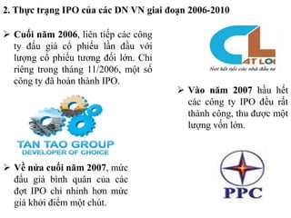 2. Thực trạng IPO của các DN VN giai đoạn 2006-2010
 Cuối năm 2006, liên tiếp các công
ty đấu giá cổ phiếu lần đầu với
lượng cổ phiếu tương đối lớn. Chỉ
riêng trong tháng 11/2006, một số
công ty đã hoàn thành IPO.
 Vào năm 2007 hầu hết
các công ty IPO đều rất
thành công, thu được một
lượng vốn lớn.
 Về nửa cuối năm 2007, mức
đấu giá bình quân của các
đợt IPO chỉ nhỉnh hơn mức
giá khởi điểm một chút.
 
