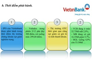 1
- IPO của Viettinbank
được phát hành trong
thời điểm thị trường
chứng khoán sụt giảm
nghiêm trọng.
2
- VnIndex trong
phiên 5/12 phá đáy
300 điểm, rơi xuống
mức 299,68 điểm.
3
- Thị trường OTC
thời gian qua cũng
sụt giảm cả giá trị
và tính thanh khoản.
2
- VCB đang ở mức
32.750đ mất 2,9%,
- MB đang có giá
16.350đ giảm 5,7%,
- HGL xuống 4,9%
còn 53.500đ …
b. Thời điểm phát hành.
 