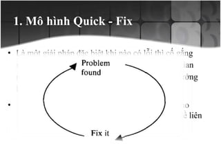 1. Mô hình Quick - Fix
• Là một giải pháp đặc biệt khi nào có lỗi thì cố gắng
sửa nó nhanh nhất có thể, do ràng buộc về thời gian
nên mô hình này không quá tập trung vào ảnh hưởng
lâu dài của việc sửa lỗi.
• Ưu điểm là có thể tiết kiệm thời gian, chi phí cho
việc bảo trì, có thể tự giải quyết được các vấn đề liên
quan đến hệ thống.
 