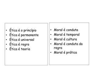 • Ética é o princípio
• Ética é permanente
• Ética é universal
• Ética é regra
• Ética é teoria
• Moral é conduta
• Moral é temporal
• Moral é cultura
• Moral é conduta da
regra
• Moral é prática
 
