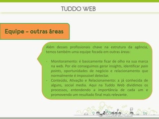 TUDDO WEB


Equipe – outras áreas

              Além desses profissionais chave na estrutura da agência,
              temos também uma equipe focada em outras áreas:

              - Monitoramento: é basicamente ficar de olho na sua marca
                na web. Por ele conseguimos gerar insights, identificar pain
                points, oportunidades de negócio e relacionamento que
                normalmente é impossível detectar.
              - Conteúdo, Ativação e Relacionamento: a já conhecida de
                alguns, social media. Aqui na Tuddo Web dividimos os
                processos, entendendo a importância de cada um e
                promovendo um resultado final mais relevante.
 
