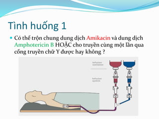 Tình huống 1
 Có thể trộn chung dung dịch Amikacin và dung dịch
Amphotericin B HOẶC cho truyền cùng một lần qua
cổng truyền chữ Y được hay không ?
 