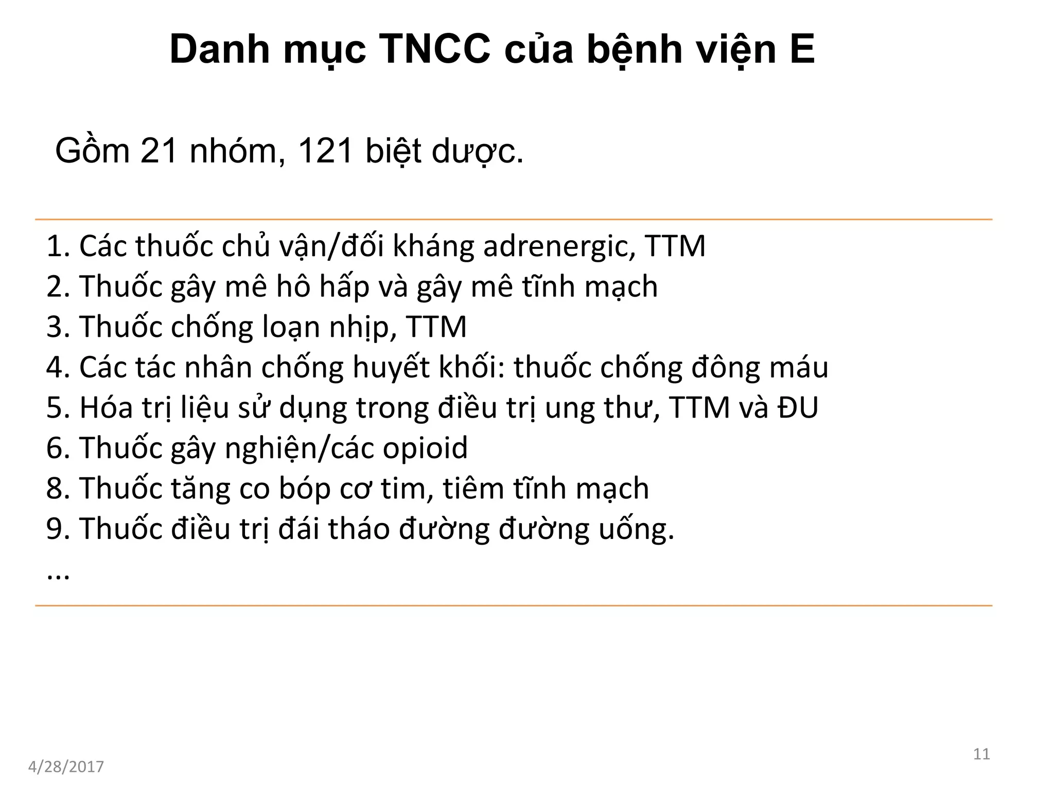 1. Các thuốc chủ vận/đối kháng adrenergic, TTM
2. Thuốc gây mê hô hấp và gây mê tĩnh mạch
3. Thuốc chống loạn nhịp, TTM
4. Các tác nhân chống huyết khối: thuốc chống đông máu
5. Hóa trị liệu sử dụng trong điều trị ung thư, TTM và ĐU
6. Thuốc gây nghiện/các opioid
8. Thuốc tăng co bóp cơ tim, tiêm tĩnh mạch
9. Thuốc điều trị đái tháo đường đường uống.
...
4/28/2017
11
Gồm 21 nhóm, 121 biệt dược.
Danh mục TNCC của bệnh viện E
 