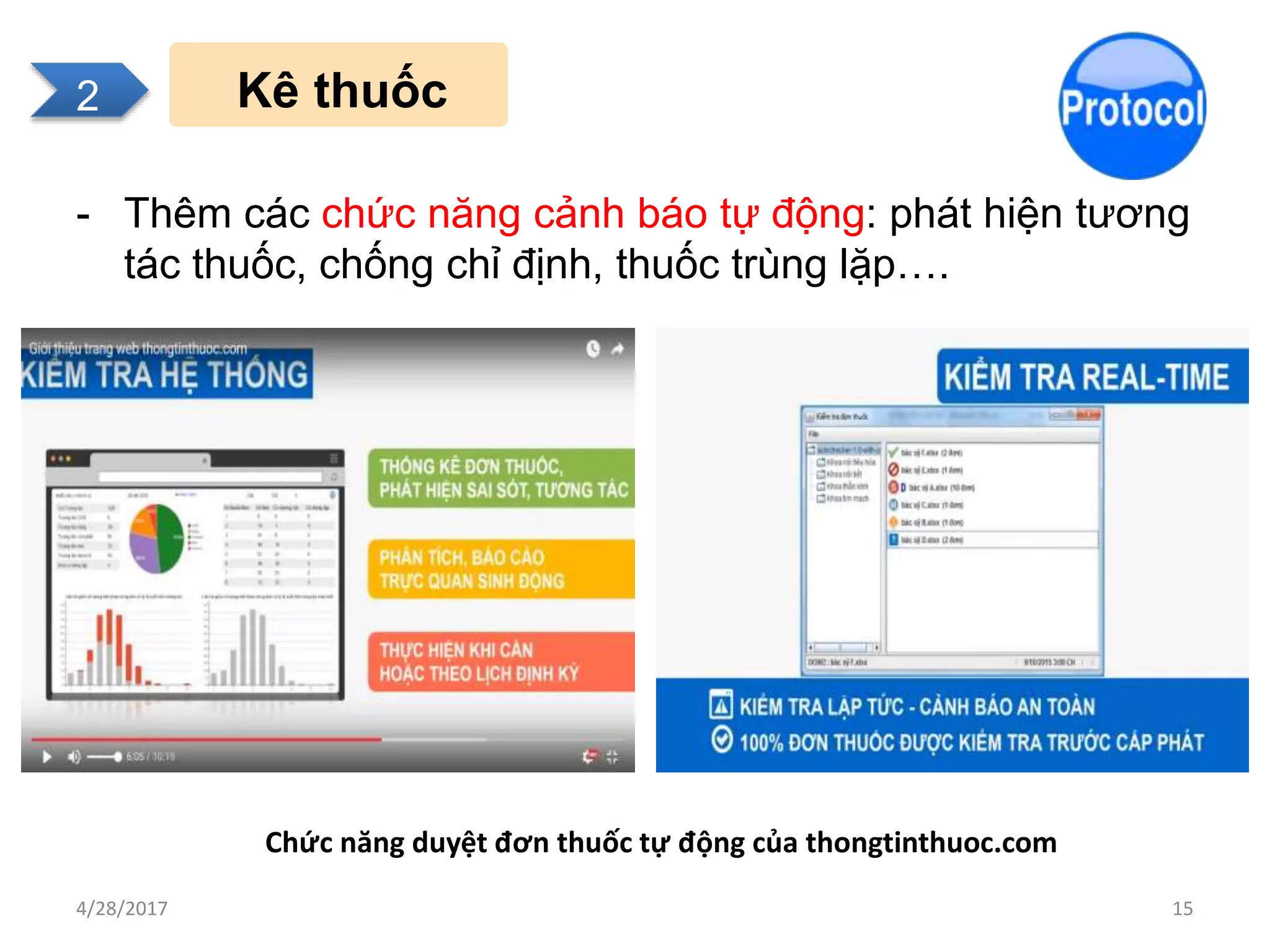 2
Kê thuốc
- Thêm các chức năng cảnh báo tự động: phát hiện tương
tác thuốc, chống chỉ định, thuốc trùng lặp….
2
4/28/2017 15
Chức năng duyệt đơn thuốc tự động của thongtinthuoc.com
 