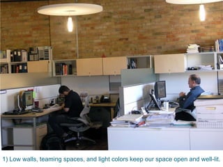 1) Low walls, teaming spaces, and light colors keep our space open and well-lit.
 