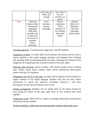 (tall, slim, fat,
short, old,
young)
“Am I short?
Yes, you
are/No, you
aren’t”
New -Talk and
discuss about
charity and
cam...