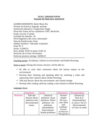 I.F.D.C. LENGUAS VIVAS
TALLER DE PRÁCTICA DOCENTE
ALUMNO RESIDENTE: Barth María Pía
Período de Práctica: Segundo período
I...