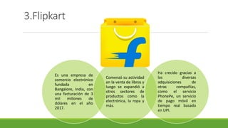 3.Flipkart
Es una empresa de
comercio electrónico
fundada en
Bangalore, India, con
una facturación de 3
mil millones de
dólares en el año
2017.
Comenzó su actividad
en la venta de libros y
luego se expandió a
otros sectores de
productos como la
electrónica, la ropa y
más.
Ha crecido gracias a
las diversas
adquisiciones de
otras compañías,
como el servicio
PhonePe, un servicio
de pago móvil en
tiempo real basado
en UPI.
 
