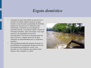 Esgoto doméstico O despejo de esgoto não tratado no mar provoca o aumento da matéria orgânica presente na água, levando a uma elevação na quantidade de nutrientes disponíveis. Esse processo é conhecido como eutrofização. O aumento na concentração de nutrientes permite o crescimento rápido e intenso de microalgas marinhas. Após certo tempo, essas algas morrem e são degradadas por  bactérias  decompositoras. O processo de decomposição das algas consome o oxigênio dissolvido na água, reduzindo sua disponibilidade para os organismos marinhos. Outro problema gerado pelo despejo de esgoto é a possibilidade de contaminação da água do mar por microrganismos patogênicos, muitas vezes presentes nas fezes humanas, que podem causar doenças como a hepatite e a cólera. 