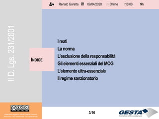 3/153/16
Ireati
Lanorma
L’esclusionedellaresponsabilità
GlielementiessenzialidelMOG
L’elementoultra-essenziale
Ilregimesanzionatorio
INDICE
Il materiale è soggetto a licenza Creative Commons.
Attribuzione - Non commerciale - Non opere derivate
Renato Goretta 09/04/2020 Online 10.00 1 h📅 🗺🗺 ⏱️ ⏳
IlD.Lgs.231/2001
 