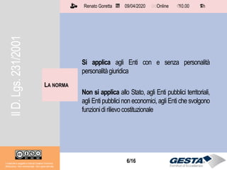 6/156/16
LA NORMA
Il materiale è soggetto a licenza Creative Commons.
Attribuzione - Non commerciale - Non opere derivate
Renato Goretta 09/04/2020 Online 10.00 1 h📅 🗺🗺 ⏱️ ⏳
Si applica agli Enti con e senza personalità
personalitàgiuridica
Non si applica allo Stato, agli Enti pubblici territoriali,
agli Enti pubblici non economici, agli Enti che svolgono
funzionidirilievocostituzionale
IlD.Lgs.231/2001
 
