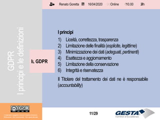 Il materiale è soggetto a licenza Creative Commons.
Attribuzione - Non commerciale - Non opere derivate
Renato Goretta 16/04/2020 Online 10.00 2 h📅 🗺🗺 ⏱️ ⏳
11/29
Iprincipi
1) Liceità,correttezza,trasparenza
2) Limitazionedellefinalità(esplicite,legittime)
3) Minimizzazionedeidati(adeguati,pertinenti)
4) Esattezzaeaggiornamento
5) Limitazionedellaconservazione
6) Integritàeriservatezza
Il Titolare del trattamento dei dati ne è responsabile
(accountability)
IL GDPR
Il materiale è soggetto a licenza Creative Commons.
Attribuzione - Non commerciale - Non opere derivate
Renato Goretta 16/04/2020 Online 10.00 2 h📅 🗺🗺 ⏱️ ⏳
GDPR
Iprincipieledefinizioni
 