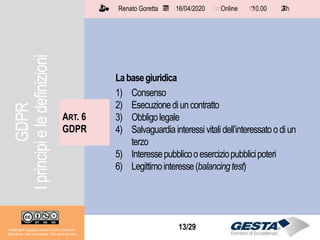 Il materiale è soggetto a licenza Creative Commons.
Attribuzione - Non commerciale - Non opere derivate
Renato Goretta 16/04/2020 Online 10.00 2 h📅 🗺🗺 ⏱️ ⏳
13/29
Labasegiuridica
1) Consenso
2) Esecuzionediuncontratto
3) Obbligolegale
4) Salvaguardia interessivitalidell’interessatoodiun
terzo
5) Interessepubblicooeserciziopubblicipoteri
6) Legittimointeresse(balancingtest)
ART. 6
GDPR
Il materiale è soggetto a licenza Creative Commons.
Attribuzione - Non commerciale - Non opere derivate
Renato Goretta 16/04/2020 Online 10.00 2 h📅 🗺🗺 ⏱️ ⏳
GDPR
Iprincipieledefinizioni
 