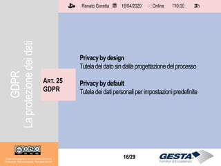 Il materiale è soggetto a licenza Creative Commons.
Attribuzione - Non commerciale - Non opere derivate
Renato Goretta 16/04/2020 Online 10.00 2 h📅 🗺🗺 ⏱️ ⏳
16/29
Privacybydesign
Tuteladeldatosindallaprogettazionedelprocesso
Privacybydefault
Tuteladeidatipersonaliperimpostazionipredefinite
ART. 25
GDPR
Il materiale è soggetto a licenza Creative Commons.
Attribuzione - Non commerciale - Non opere derivate
Renato Goretta 16/04/2020 Online 10.00 2 h📅 🗺🗺 ⏱️ ⏳
GDPR
Laprotezionedeidati
 