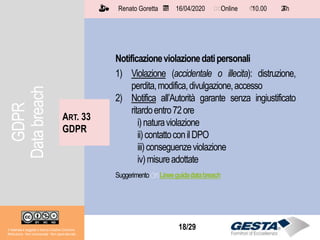 Il materiale è soggetto a licenza Creative Commons.
Attribuzione - Non commerciale - Non opere derivate
Renato Goretta 16/04/2020 Online 10.00 2 h📅 🗺🗺 ⏱️ ⏳
18/29Il materiale è soggetto a licenza Creative Commons.
Attribuzione - Non commerciale - Non opere derivate
Renato Goretta 16/04/2020 Online 10.00 2 h📅 🗺🗺 ⏱️ ⏳
Notificazioneviolazionedatipersonali
1) Violazione (accidentale o illecita): distruzione,
perdita,modifica,divulgazione,accesso
2) Notifica all’Autorità garante senza ingiustificato
ritardoentro72ore
i)naturaviolazione
ii)contattoconilDPO
iii)conseguenzeviolazione
iv)misureadottate
Suggerimento👉🏻Lineeguidadatabreach
ART. 33
GDPR
GDPR
Databreach
 