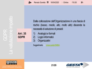 Il materiale è soggetto a licenza Creative Commons.
Attribuzione - Non commerciale - Non opere derivate
Renato Goretta 16/04/2020 Online 10.00 2 h📅 🗺🗺 ⏱️ ⏳
21/29Il materiale è soggetto a licenza Creative Commons.
Attribuzione - Non commerciale - Non opere derivate
Renato Goretta 16/04/2020 Online 10.00 2 h📅 🗺🗺 ⏱️ ⏳
Dalla collocazione dell’Organizzazione in una fascia di
rischio (basso, medio, alto, molto alto) discende la
necessitàdiadozionedipresidi:
1) Analogicieformali
2) Logiciinformatici
3) Organizzativi
Suggerimento👉🏻LineeguidaENISA
ART. 35
GDPR
GDPR
Lavalutazioneimpatto
 