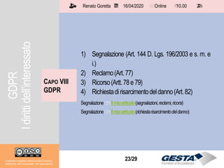 Il materiale è soggetto a licenza Creative Commons.
Attribuzione - Non commerciale - Non opere derivate
Renato Goretta 16/04/2020 Online 10.00 2 h📅 🗺🗺 ⏱️ ⏳
23/29Il materiale è soggetto a licenza Creative Commons.
Attribuzione - Non commerciale - Non opere derivate
Renato Goretta 16/04/2020 Online 10.00 2 h📅 🗺🗺 ⏱️ ⏳
1) Segnalazione (Art. 144 D. Lgs. 196/2003 e s. m. e
i.)
2) Reclamo(Art.77)
3) Ricorso(Artt.78e79)
4) Richiestadirisarcimentodeldanno(Art.82)
Segnalazione👉🏻Ilmioarticolo(segnalazioni,reclami,ricorsi)
Segnalazione👉🏻Ilmioarticolo(richiestarisarcimentodeldanno)
CAPO VIII
GDPR
GDPR
Idirittidell’interessato
 