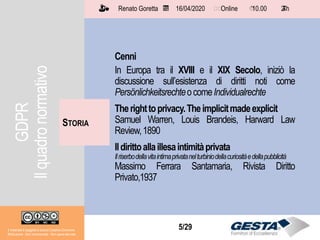 Il materiale è soggetto a licenza Creative Commons.
Attribuzione - Non commerciale - Non opere derivate
Renato Goretta 16/04/2020 Online 10.00 2 h📅 🗺🗺 ⏱️ ⏳
5/29
Cenni
In Europa tra il XVIII e il XIX Secolo, iniziò la
discussione sull’esistenza di diritti noti come
PersönlichkeitsrechteocomeIndividualrechte
Therighttoprivacy.Theimplicitmadeexplicit
Samuel Warren, Louis Brandeis, Harward Law
Review,1890
Ildirittoallaillesaintimitàprivata
Ilriserbodellavitaintimaprivatanelturbiniodellacuriositàedellapubblicità
Massimo Ferrara Santamaria, Rivista Diritto
Privato,1937
GDPR
Ilquadronormativo
Il materiale è soggetto a licenza Creative Commons.
Attribuzione - Non commerciale - Non opere derivate
Renato Goretta 16/04/2020 Online 10.00 2 h📅 🗺🗺 ⏱️ ⏳
STORIA
 