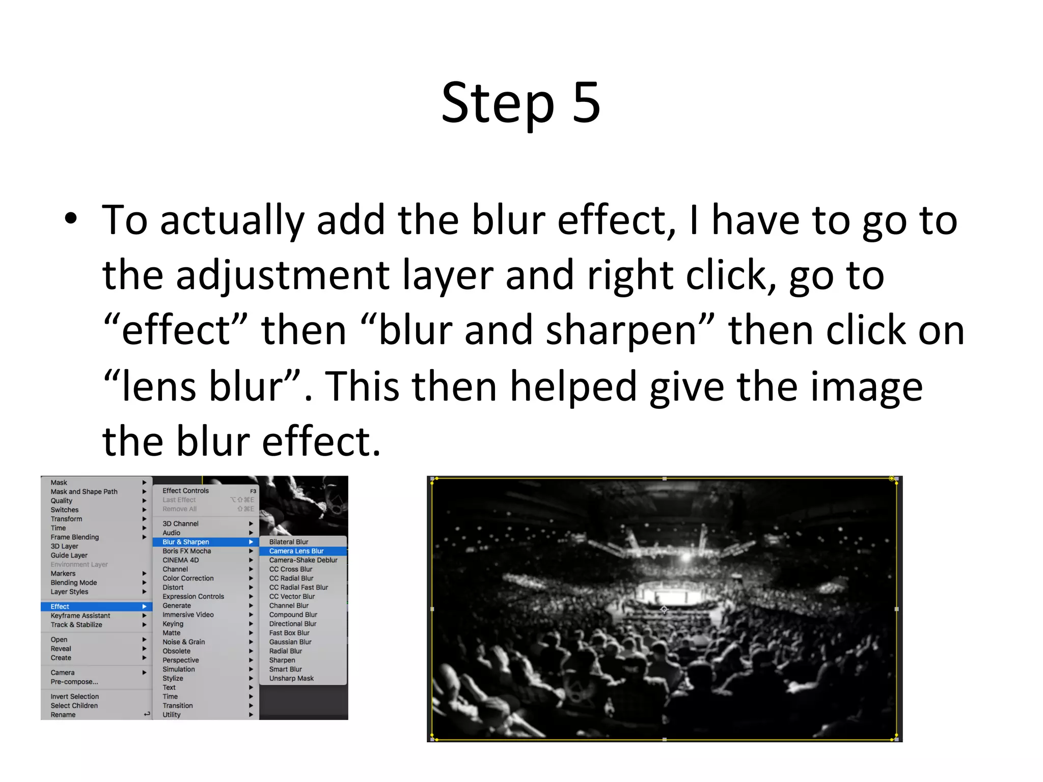Step	5	
•  To	actually	add	the	blur	effect,	I	have	to	go	to	
the	adjustment	layer	and	right	click,	go	to	
“effect”	then	“blur	and	sharpen”	then	click	on	
“lens	blur”.	This	then	helped	give	the	image											
the	blur	effect.	
 