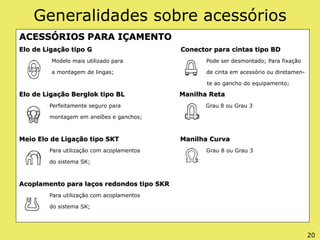 Generalidades sobre acessórios
ACESSÓRIOS PARA IÇAMENTO
Elo de Ligação tipo G Conector para cintas tipo BD
Modelo mais utilizado para Pode ser desmontado; Para fixação
a montagem de lingas; de cinta em acessório ou diretamen-
te ao gancho do equipamento;
Elo de Ligação Berglok tipo BL Manilha Reta
Perfeitamente seguro para Grau 8 ou Grau 3
montagem em anelões e ganchos;
Meio Elo de Ligação tipo SKT Manilha Curva
Para utilização com acoplamentos Grau 8 ou Grau 3
do sistema SK;
Acoplamento para laços redondos tipo SKR
Para utilização com acoplamentos
do sistema SK;
20
 