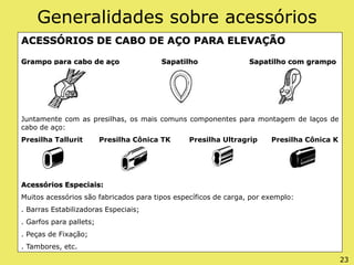 Generalidades sobre acessórios
ACESSÓRIOS DE CABO DE AÇO PARA ELEVAÇÃO
Grampo para cabo de aço Sapatilho Sapatilho com grampo
Juntamente com as presilhas, os mais comuns componentes para montagem de laços de
cabo de aço:
Presilha Tallurit Presilha Cônica TK Presilha Ultragrip Presilha Cônica K
Acessórios Especiais:
Muitos acessórios são fabricados para tipos específicos de carga, por exemplo:
. Barras Estabilizadoras Especiais;
. Garfos para pallets;
. Peças de Fixação;
. Tambores, etc.
23
 