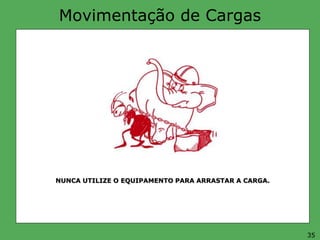 Movimentação de Cargas
NUNCA UTILIZE O EQUIPAMENTO PARA ARRASTAR A CARGA.
35
 