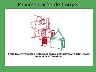 Movimentação de Cargas
EVITE IÇAMENTOS COM O MÉTODO DE FORCA, POIS HAVERÁ POSSIBILIDADE
DAS CARGAS TOMBAREM.
37
 