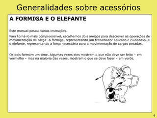 Generalidades sobre acessórios
A FORMIGA E O ELEFANTE
Este manual possui várias instruções.
Para torná-lo mais compreensível, escolhemos dois amigos para descrever as operações de
movimentação de carga: A formiga, representando um trabalhador aplicado e cuidadoso, e
o elefante, representando a força necessária para a movimentação de cargas pesadas.
Os dois formam um time. Algumas vezes eles mostram o que não deve ser feito – em
vermelho – mas na maioria das vezes, mostram o que se deve fazer – em verde.
4
 