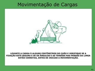 Movimentação de Cargas
LEVANTE A CARGA À ALGUNS CENTÍMETROS DO CHÃO E VERIFIQUE SE A
FIXAÇÃO ESTÁ SEGURA E SE OS ÂNGULOS E AS TENSÕES NAS PERNAS DA LINGA
ESTÃO CORRETAS, ANTES DE INICIAR A MOVIMENTAÇÃO.
41
 