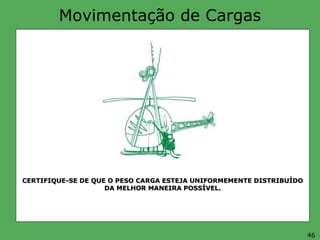 Movimentação de Cargas
CERTIFIQUE-SE DE QUE O PESO CARGA ESTEJA UNIFORMEMENTE DISTRIBUÍDO
DA MELHOR MANEIRA POSSÍVEL.
46
 