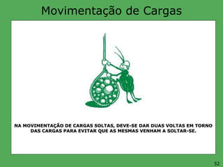 Movimentação de Cargas
NA MOVIMENTAÇÃO DE CARGAS SOLTAS, DEVE-SE DAR DUAS VOLTAS EM TORNO
DAS CARGAS PARA EVITAR QUE AS MESMAS VENHAM A SOLTAR-SE.
52
 