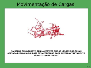 Movimentação de Cargas
NA SOLDA OU OXICORTE, TENHA CERTEZA QUE AS LINGAS NÃO SEJAM
AFETADAS PELO CALOR, POIS ESTA CONDIÇÃO PODE AFETAR O TRATAMENTO
TÉRMICO DO MATERIAL.
57
 
