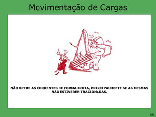 Movimentação de Cargas
NÃO OPERE AS CORRENTES DE FORMA BRUTA, PRINCIPALMENTE SE AS MESMAS
NÃO ESTIVEREM TRACIONADAS.
58
 