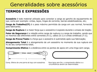 Generalidades sobre acessórios
TERMOS E EXPRESSÕES
Acessório é todo material utilizado para conectar a carga ao gancho do equipamento de
içar, como por exemplo: cintas, laços, lingas de corrente, barras estabilizadoras, etc;
Carga de Trabalho(CT) é o peso máximo permitido da carga em uso normal, fornecido
pelo fabricante;
Carga de Ruptura é a maior força que o acessório é exposto durante o ensaio de tração;
Fator de Segurança é a relação entre carga de ruptura e a carga de trabalho, sendo que
os mesmos são diferentes entre correntes (4:1), cabos (5:1) e cintas sintéticas (7:1);
Carga de Prova/Teste é a força que o acessório é submetido após sua fabricação;
Alongamento Total é o alongamento de um acessório no momento da sua ruptura em
% do seu comprimento total;
Comprimento Efetivo é a distância entre os pontos de apoio em uma linga sem carga;
Comp. Efetivo de uma perna de laço com acessórios Para laços sem fim, o comprimento efetivo e a
circunferência devem ser determinados
6
 
