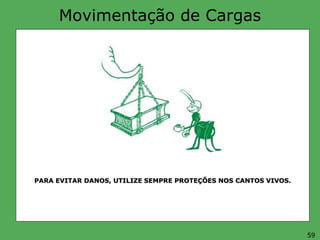 Movimentação de Cargas
PARA EVITAR DANOS, UTILIZE SEMPRE PROTEÇÕES NOS CANTOS VIVOS.
59
 