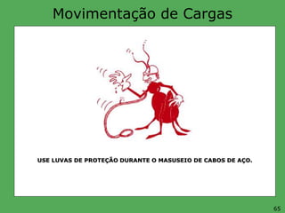 Movimentação de Cargas
USE LUVAS DE PROTEÇÃO DURANTE O MASUSEIO DE CABOS DE AÇO.
65
 
