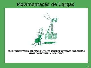 Movimentação de Cargas
FAÇA IÇAMENTOS NA VERTICAL E UTILIZE SEMPRE PROTEÇÕES NOS CANTOS
VIVOS DO MATERIAL A SER IÇADO.
74
 